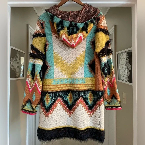 MaxSport Aztec Open Front Cardigan Hood Sweater Western Tribal Ivory/Turquoise - Picture 3 of 12